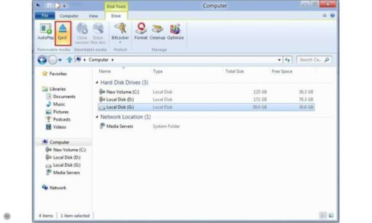 Virtual Hard Disk aushängen
Wie bei der ISO-Datei auch, lässt sich die VHD über den Eject-Button aushängen, wenn sie nicht mehr benötigt wird.
© microsoft