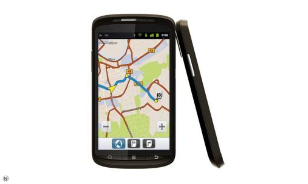 Medion Smartphone
Auch Medion schickt ein Android-Smartphone an den Start und stattet das Gerät von Haus aus mit der Medion GoPal Navi-App und einer Autohalterung aus. Das Smartphone hat einen großen kapazitiven Touchscreen mit 4,3 Zoll Durchmesse