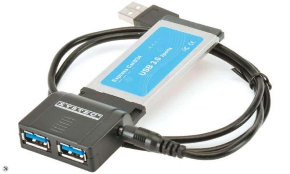 Mit Karten wie der von Pearl vertriebenen Xystec-Karte für 30 Euro kann man bei Notebooks mit ExpressCard-Slot USB 3.0 nachrüsten. Der USB-Stecker an dem Kabel dient zur zusätzlichen Spannungsversorgung für USB-Geräte, die mehr als 500 mA benötigen.