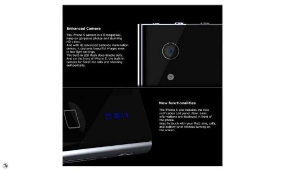 iPhone 5 Konzept von Antoine Brieux
Er hat sich auch Gedanken zur Technik gemacht. Die Kamera wächst auf 8 Megapixel und neben der Home-Taste schlummert eine LED-Anzeige, die verpasste Nachrichten und Anrufe anzeigt.
© NAK Studio