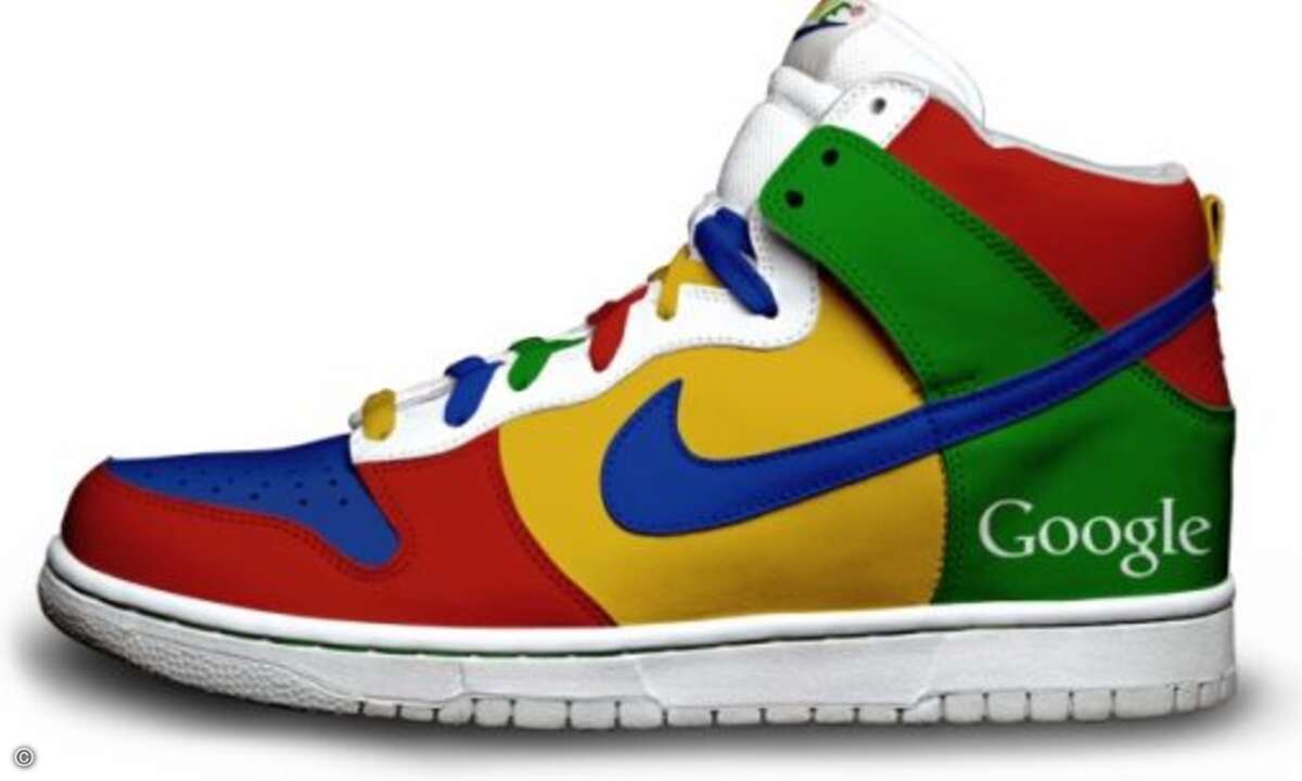 Google-Sneaker: So kann ein Sneaker auch aussehen. Statt Langeweile, fröhliche Google-Farben. Vor allem  die wechselfarbigen Schnürsenkel sind ein Eyecatcher.
Foto: http://brassmonki.wazala.com