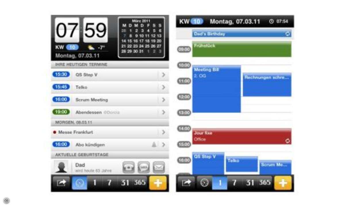miCal
Für das iPhone ist miCal die richtige Alternative. Die mehrfach ausgezeichnete App bietet mehrere Ansichtsmodi und viele Einstellungsmöglichkeiten. So sind etwa eine Wettervorhersage und Google Maps integriert – beides Funktionen, die der iO