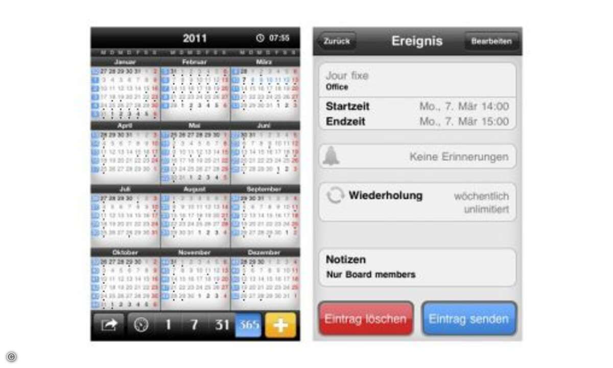miCal
miCal unterstützt Outlook- und Exchange-Konten genauso wie Google Kalender und Facebook. Der übersichtliche Kalender ist für 1,59 Euro im App Store erhältlich.
© Anbieter
