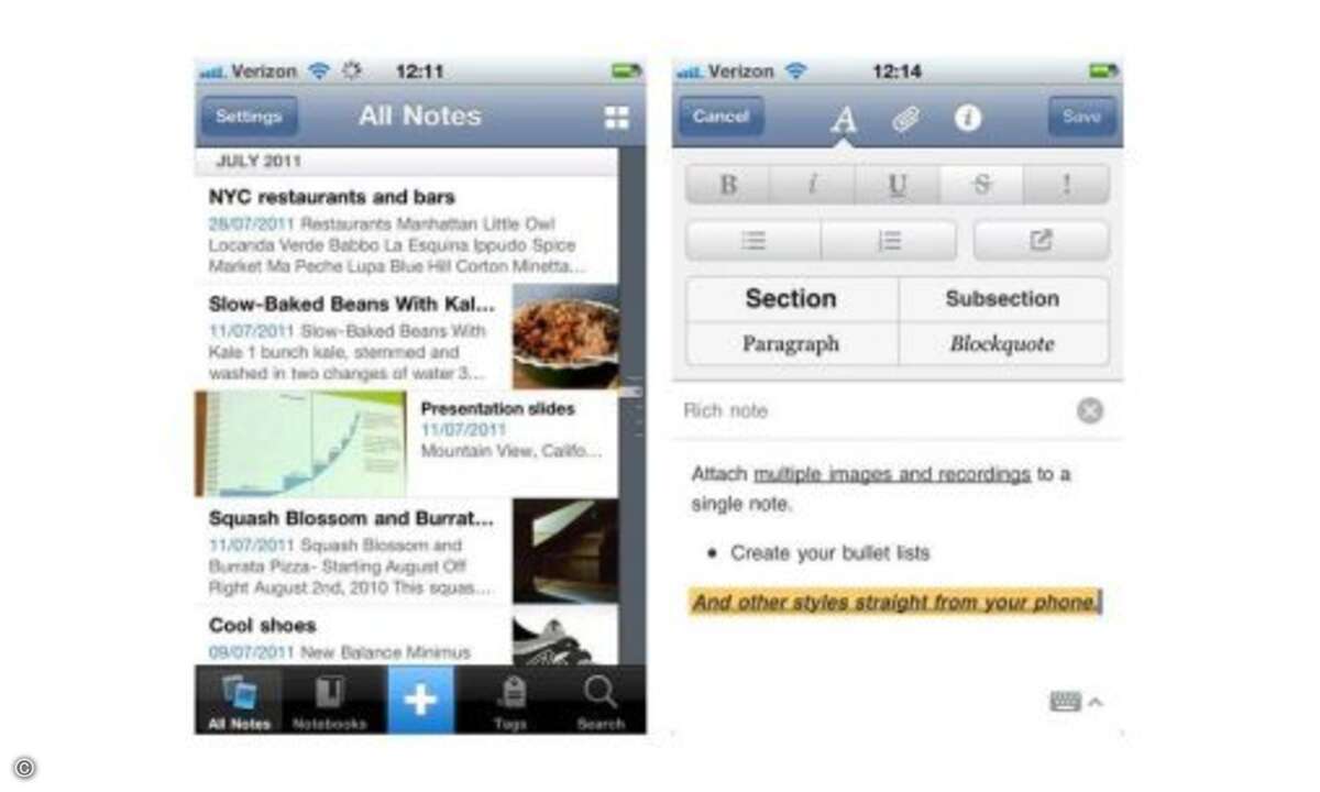 Evernote
Die App ist ein Universalspeicher für alles, was einem gerade so einfällt - spontane Ideen, Aufgaben oder Sprachnotizen. Beliebige Inhalte werden als Notiz gespeichert, die sich über eine clevere Suchfunktion später leicht wieder auffinde