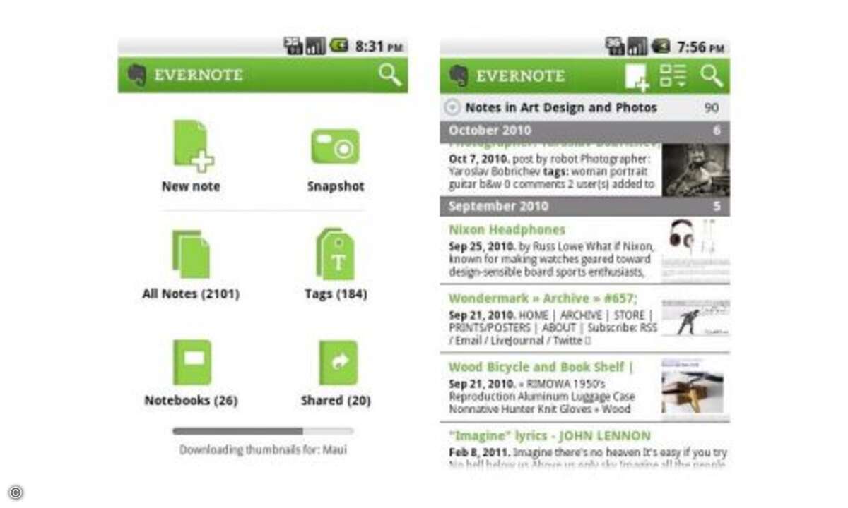 Evernote
Die Daten werden im Internet gespeichert und können von Computern genauso wie von Tablets und Smartphones abgerufen werden. Das digitale Notizbuch kann man kostenlos aus dem Android Market und aus dem App Store herunterladen.
© Anbiete