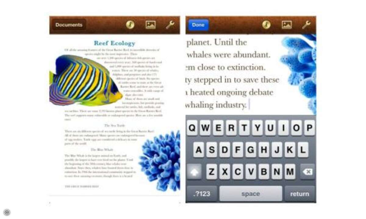 Pages
Mit Pages lassen sich Textdokumente auf dem iPhone erstellen, bearbeiten und ansehen. Alle wichtigen Dokumententypen werden unterstützt und verschiedene Layoutwerkzeuge helfen beim Formatieren. Die Textverarbeitung ist für 7,99 Euro im App S