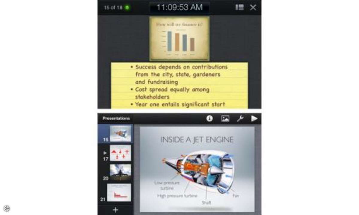 Keynote
Keynote ermöglicht das Erstellen von Präsentationen mit wenigen Fingertips – animierte Diagramme und Übergänge inklusive. In Verbindung mit einem Projektor oder HD-Fernseher kann man mit dem iPhone einen ganzen Vortrag bestreiten. Keynote