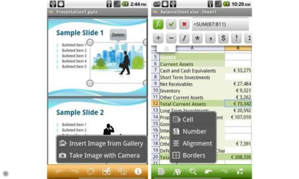 Quickoffice
Eine weiteres Büro-Paket für Android-Smartphones. Quickoffice erlaubt die Arbeit mit Word-Dokumenten, Excel-Tabellen und PowerPoint-Präsentationen. Zum Betrachten von PDF-Dateien ist ein PDF-Viewer integriert.
© Anbieter