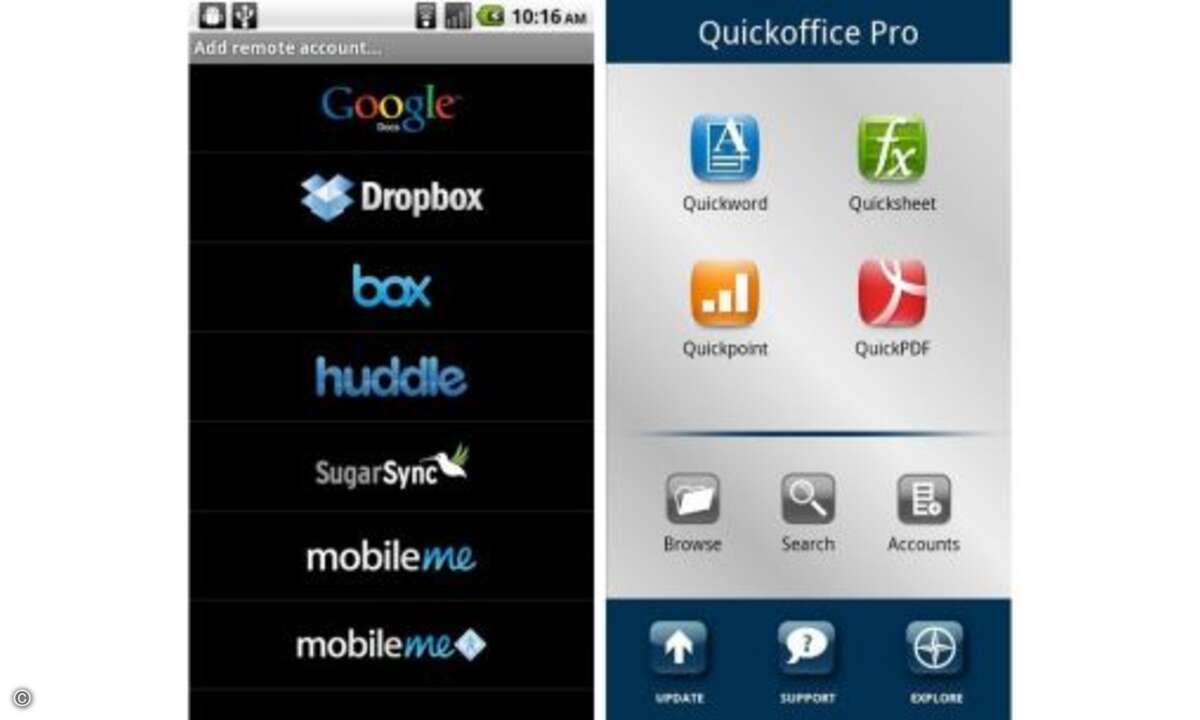 Quickoffice
Der Fernzugriff auf Dateien via Google Docs, Dropbox, Box.net, Huddle, SugarSync und MobileMe wird unterstützt. Quickoffice ist für 11 Euro im Android Market erhältlich, es gibt auch eine kostenlose 7-Tage-Testversion zum Ausprobieren.