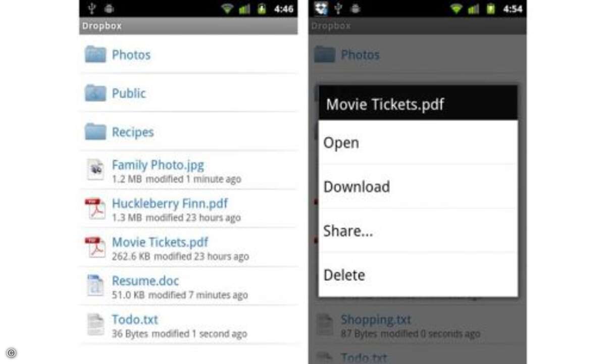 Dropbox
Dropbox ist eine Online-Festplatte, zwei Gigabyte Speicher sind kostenfrei. Die App ist gut in das Smartphone-System integriert: Fotos oder E-Mail-Anhänge lassen sich ohne Umwege im Internet abspeichern und Office-Dateien, die man in der D