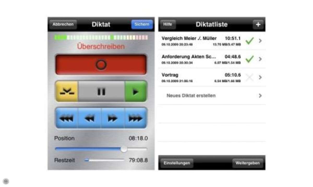Dictamus
Die App macht das iPhone zu einem vollwertigen Diktiergerät. Sie arbeitet mit Sprachaktivierung – nimmt also nur auf, wenn man tatsächlich spricht – und erlaubt es, missglückte Passagen innerhalb einer Aufnahme direkt zu überspielen oder