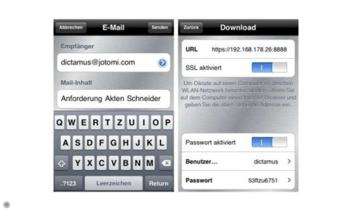 Dictamus
Dictamus speichert die Aufnahme als WAV-Datei, die aus der Anwendung per E-Mail verschickt oder auch auf Apples Online-Plattform Mobile Me geladen werden kann. Vor dem Versand lässt sich festlegen, ob die Datei komprimiert werden soll. Di