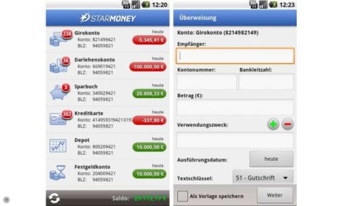 StarMoney
Dabei kommt das Thema Sicherheit nicht zu kurz: StarMoney erfüllt die Vorgaben der deutschen Banken zum Online-Banking. Die App kostet 3,35 Euro für Android und 4,99 für iOS. Vor dem Kauf sollte man mit einer BLZ-Abfrage prüfen, ob die e