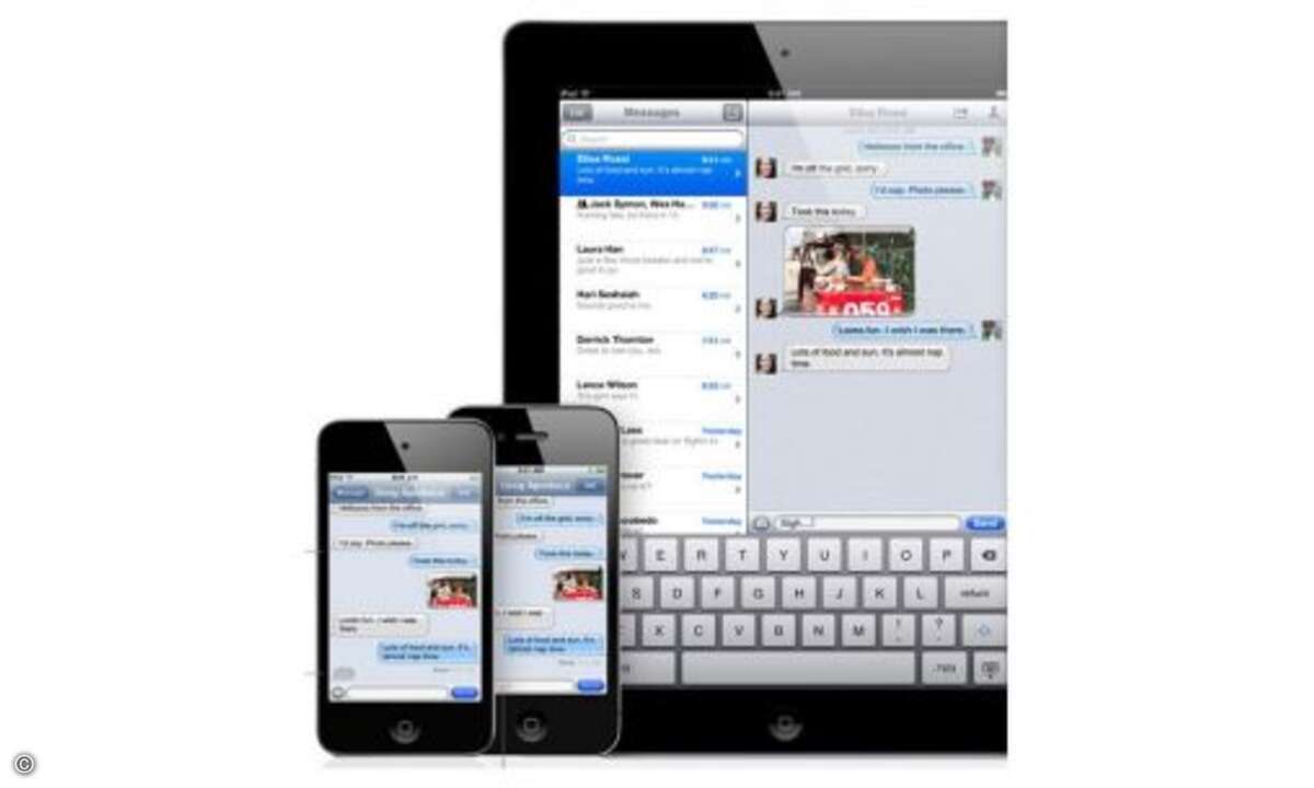 iMessage
Mit iOS 5 führt Apple einen neuen Messaging-Dienst ein, mit dem sich Nachrichten zwischen iOS-Geräten verschicken lassen. Auch Videos und Fotos lassen sich mit dem Instant-Messaging-Dienst verschicken. Dem iPad und dem iPhone touch fehlt