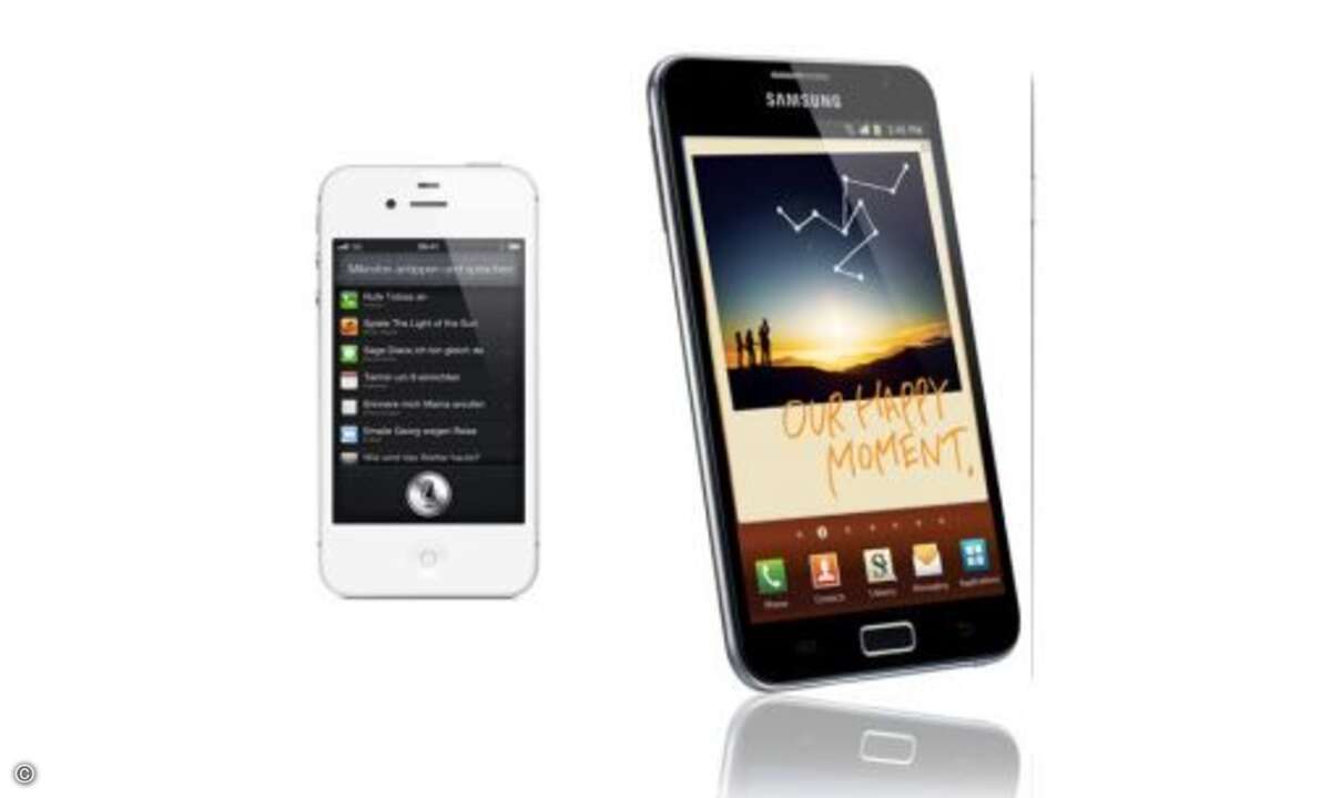 iPhone 4S versus Galaxy Note

Das Galaxy Note schlägt das iPhone 4S in fast jeder Hinsicht. Der Dualcore-Prozessor taktet mit 1,5 Gigahertz, das Display ist 5,3 Zoll groß und hat die scharfe Auflösung von 1280x800 Pixel. Es handelt sich obendrein u