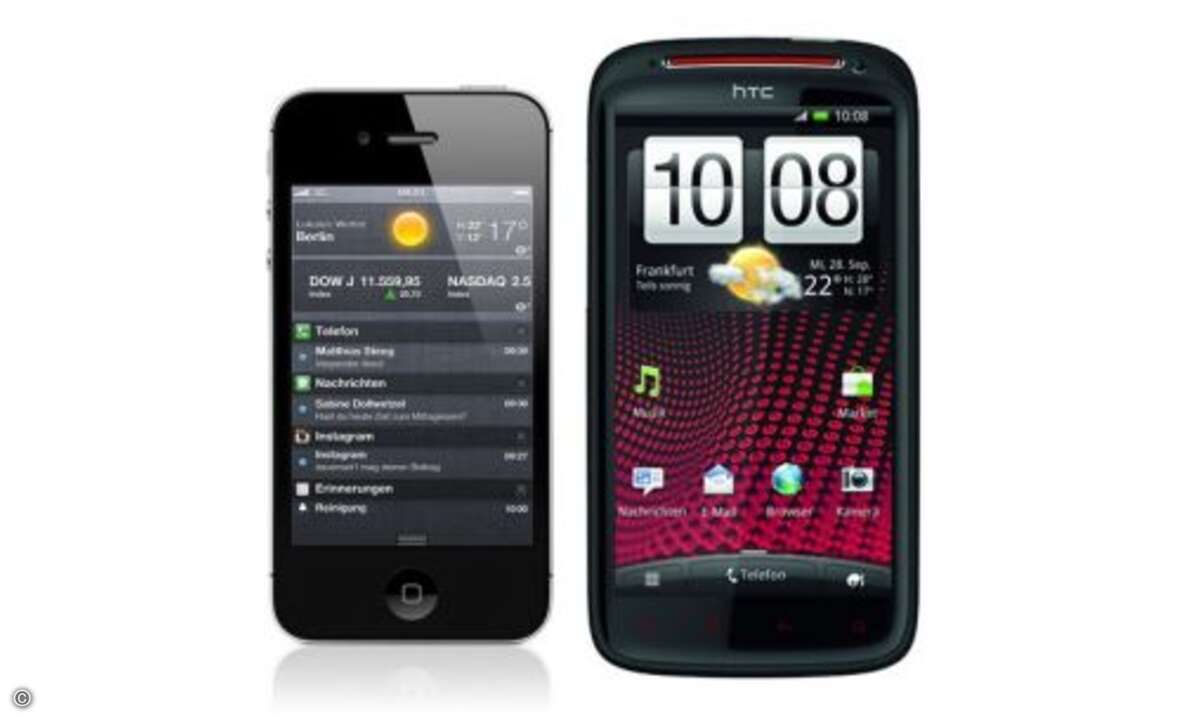 iPhone 4S versus HTC Sensation XE

Das gleiche gilt für das Sensation XE. Aber das Schwestermodell übertrumpft das iPhone 4S bei der Prozessorpower: Die Dualcore-CPU taktet mit 1,5 Gigahertz.