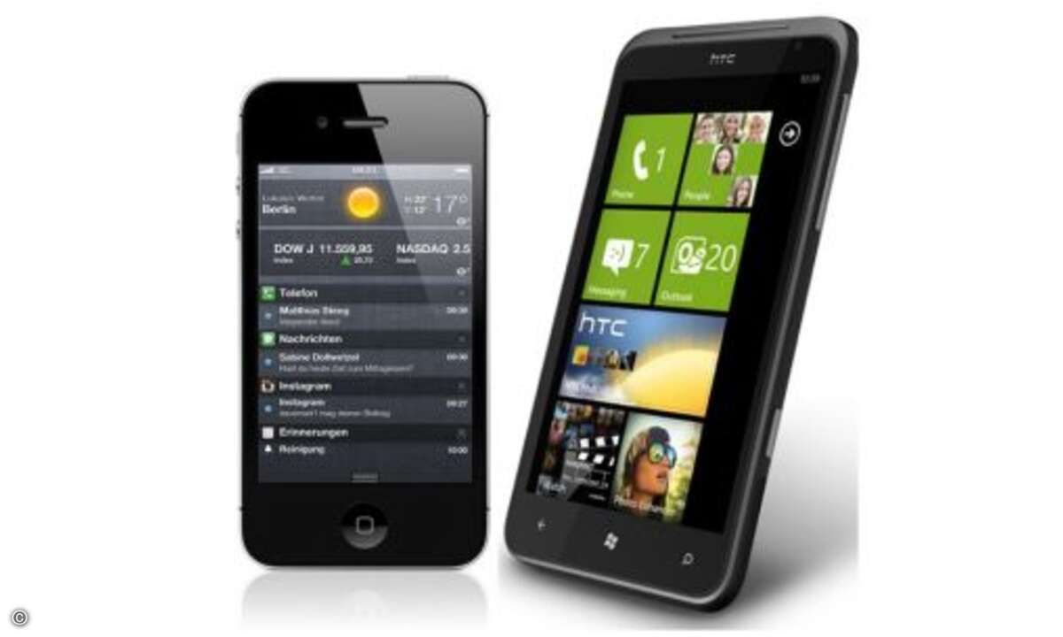 iPhone 4S versus HTC Titan

Trotz riesigem 4,7-Zoll-Display ist das Titan mit nur 9,9 Millimetern fast so dünn wie das iPhone 4S. Das Gehäuse des Windows Phone besteht aus Aluminium und hochwertigem Kunststoff – die Rückseite sogar fast vollständig