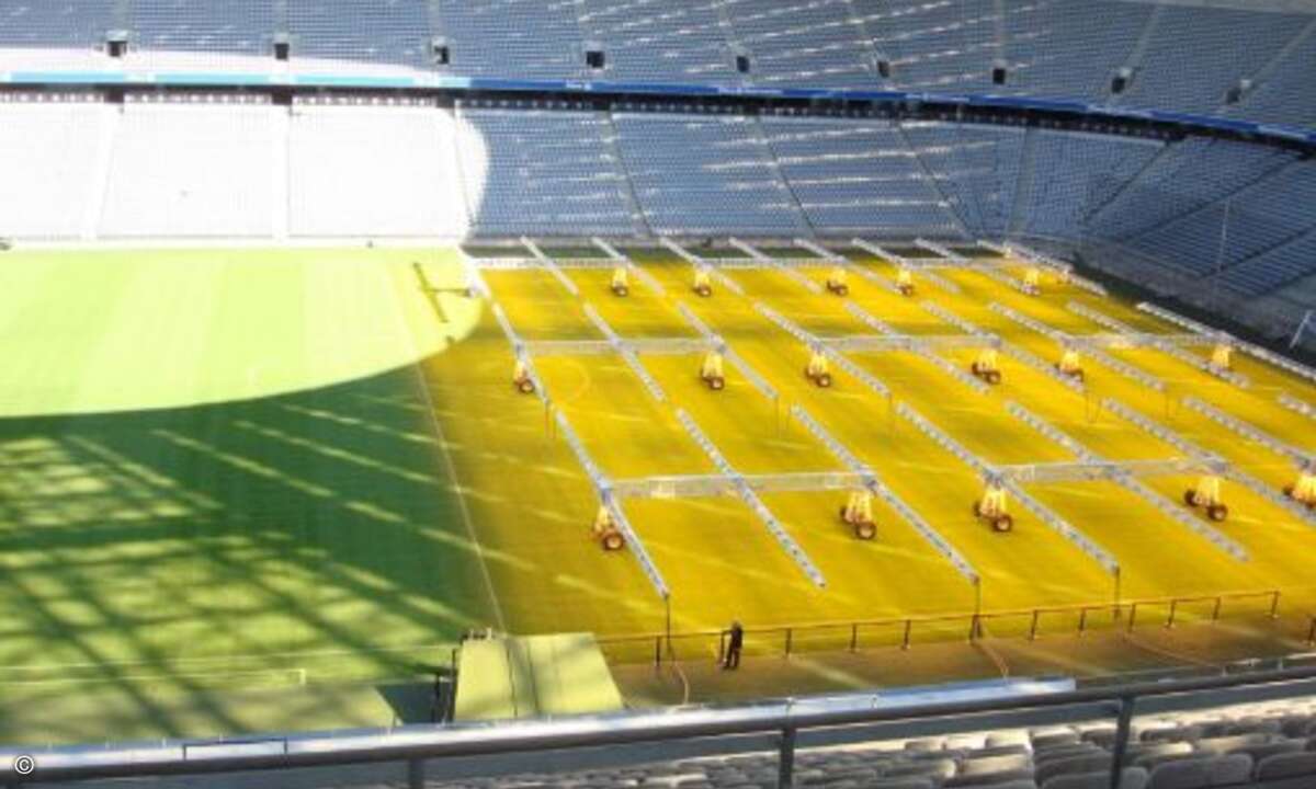 Der Blick von oben auf den Rasen, samt seiner Rasen-Solarium-Anlage