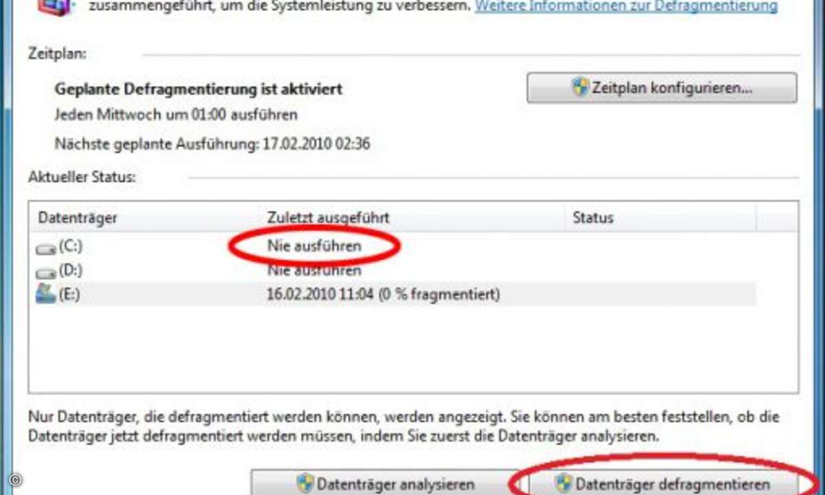 Tipp 7: Defragmentierung deaktivieren  Windows Vista und Windows 7 verfügen über eine automatische Defragmentierung der Festplatten, die zeitlich gesteuert ist. Für SSD-Festplatten ist eine Defragmentierung völlig unnötig, das ständige Umschichten de