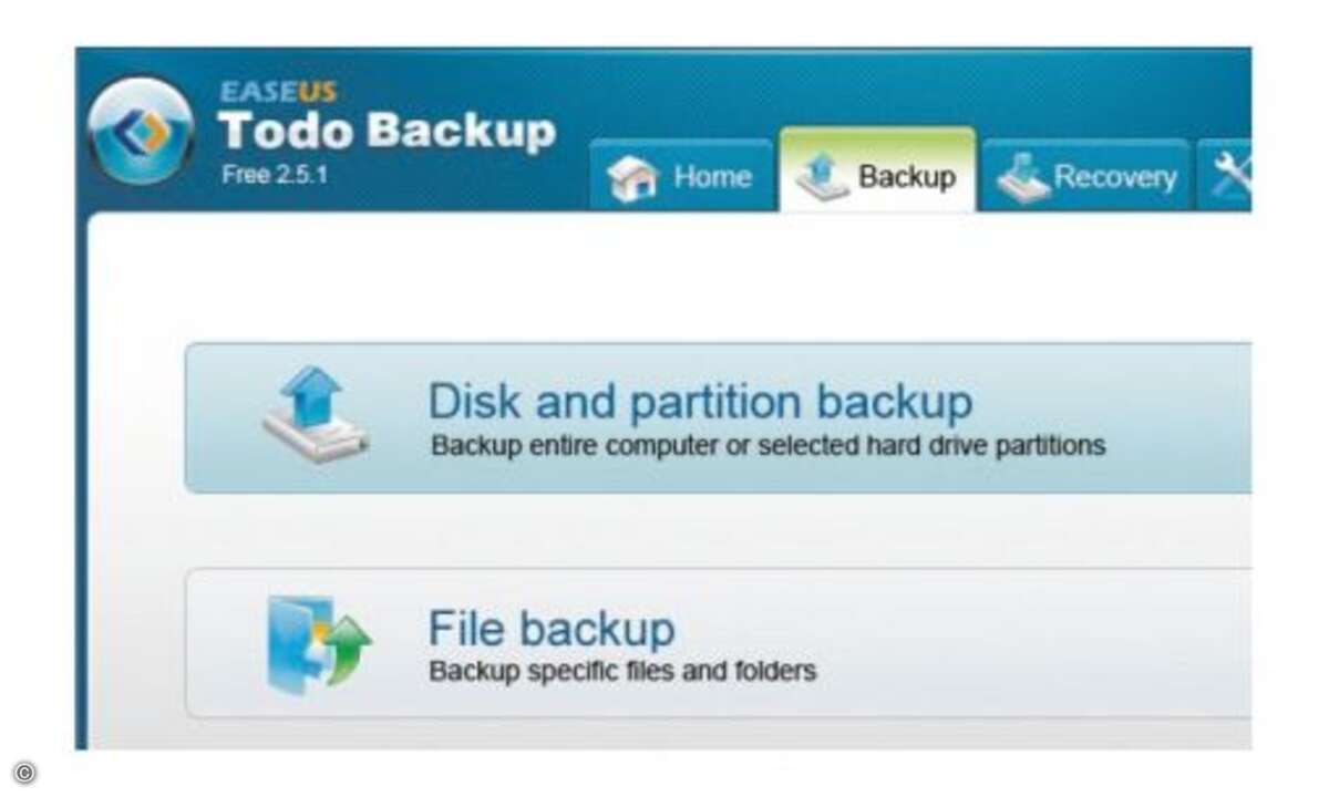 Um eine Sicherung von Windows zu erstellen, benutzen Sie am besten Easeus Todo Backup Free von der Heft-DVD. Klicken Sie auf den Reiter „Backup“ und dann auf „Disk and partition backup“. © PCgo