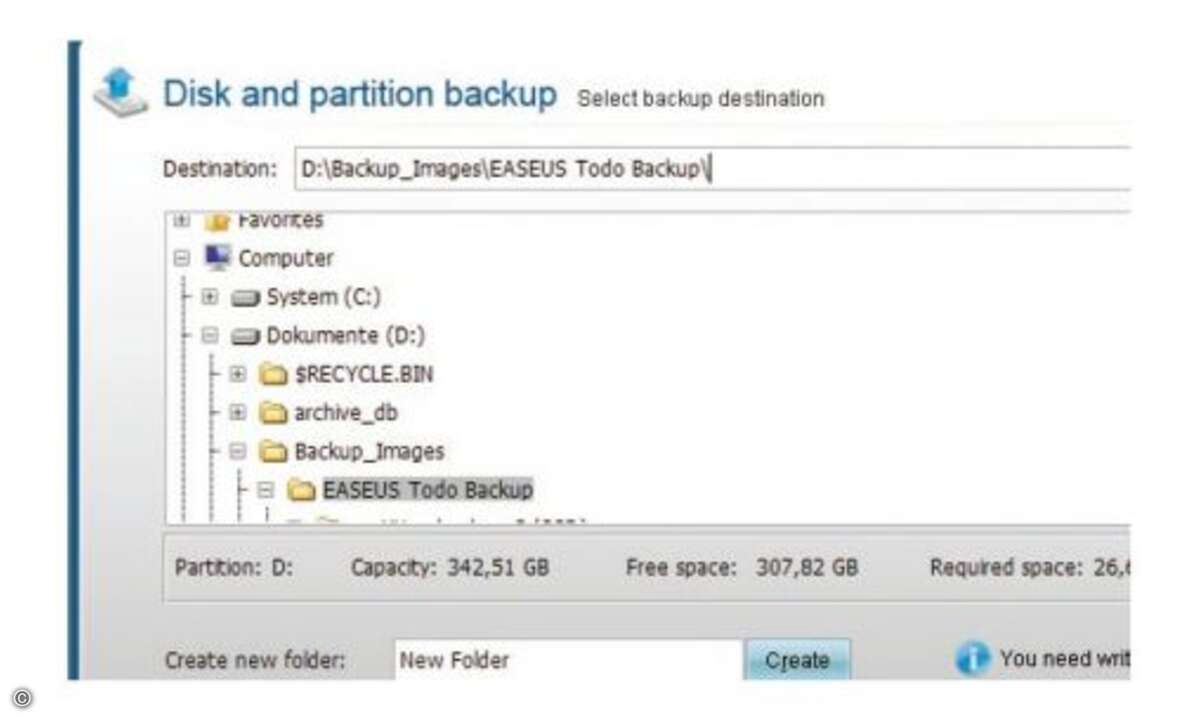 Legen Sie nun fest, wohin das Backup gespeichert werden soll. Sinnvoll ist eine externe USB-Festplatte oder eine physikalisch zweite Festplatte im Desktop-PC. © PCgo
