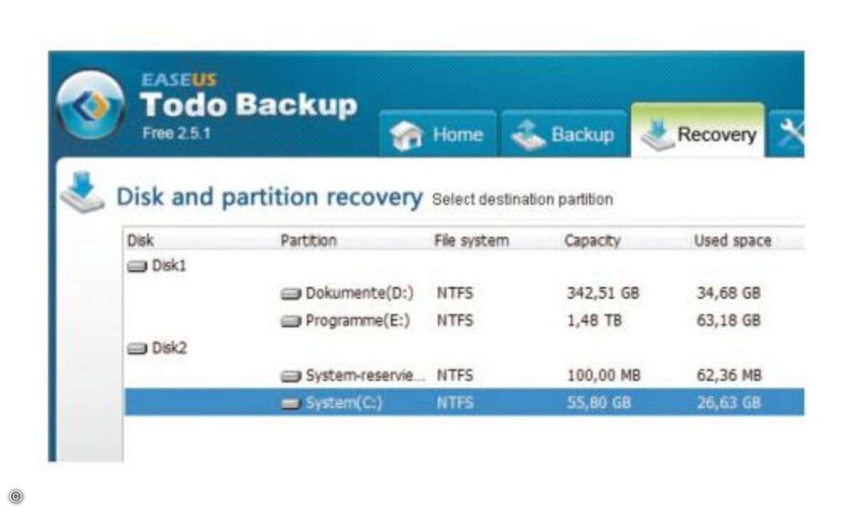 Wählen Sie mit „Browse“ die Backupdatei und dann das Wiederherstellungsziel („destination“). Tipp: Wenn man hier die neue SSD nimmt, lässt sich so ein vorhandenes Windows kopieren. © PCgo