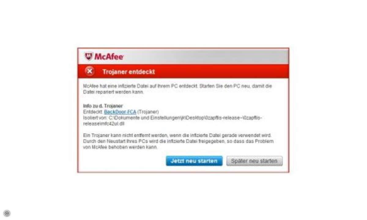 Der Bundestrojaner McAfee AntiVirus Plus
McAfees AntiVirus-Software erkennt den Bundestrojaner zuverlässig als
