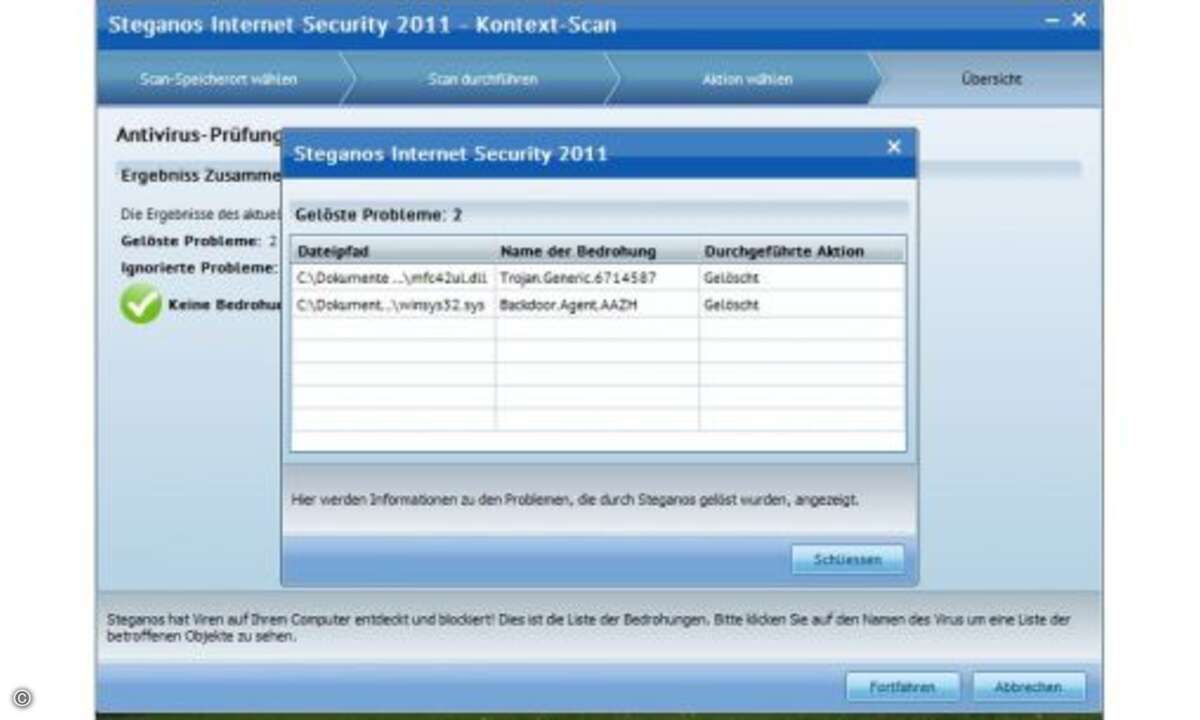 Der Bundestrojaner in Steganos Internet Security 2011
Steganos Internet Security 2011 löscht bei einem Scan sofort die entsprechenden Dateien. Die Bedrohungen werden hier als