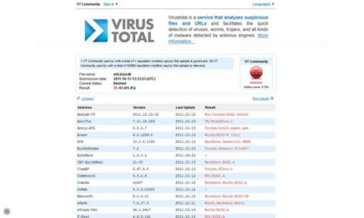 Bundestrojaner bei www.virustotal.com
Ihr Virenscanner war nicht dabei? Online finden Sie unter www.virustotal.com eine umfangreiche Virendatenbank. Klicken Sie auf den Menüpunkt