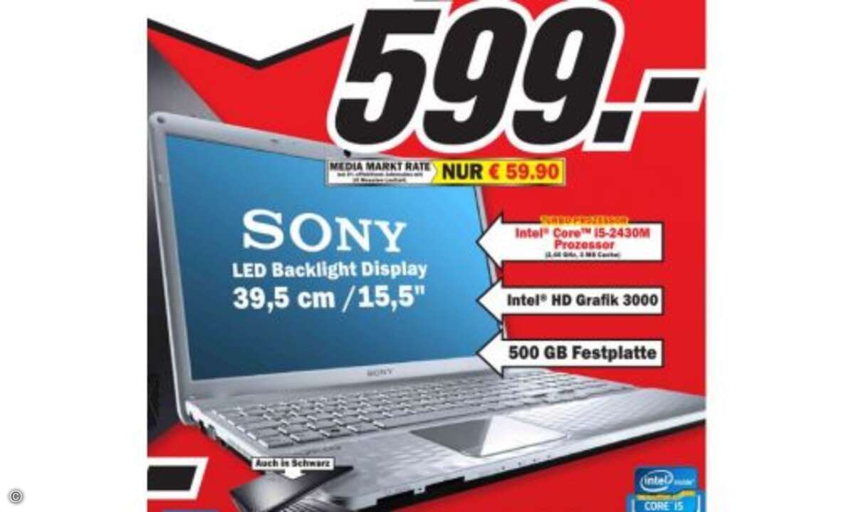 Sony Vaio VPC-EH2N1E Notebook in silber und schwarz

Auf Seite 1 des neuen Prospekts prangt unter anderem ein Sony Vayo Notebook. Es hat einen Core i5-2430M Prozessor mit 2x 2.40GHz und 4096 MByte Arbeitsspeicher. Die verbaute Festplatte fasst 500G