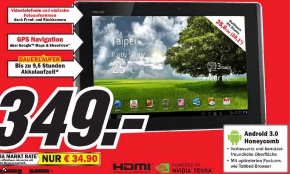 Das Asus EeePad Transformer TF101 mutiert mit Dockingstation zum Netbook
Das Asus EeePad Transformer TF101 ist ein Tablet-PC, der im Zusammenspiel mit einer Dockingstation zum Netbook mit Hardware-Tastatur mutiert. Media Markt bietet im aktuellen