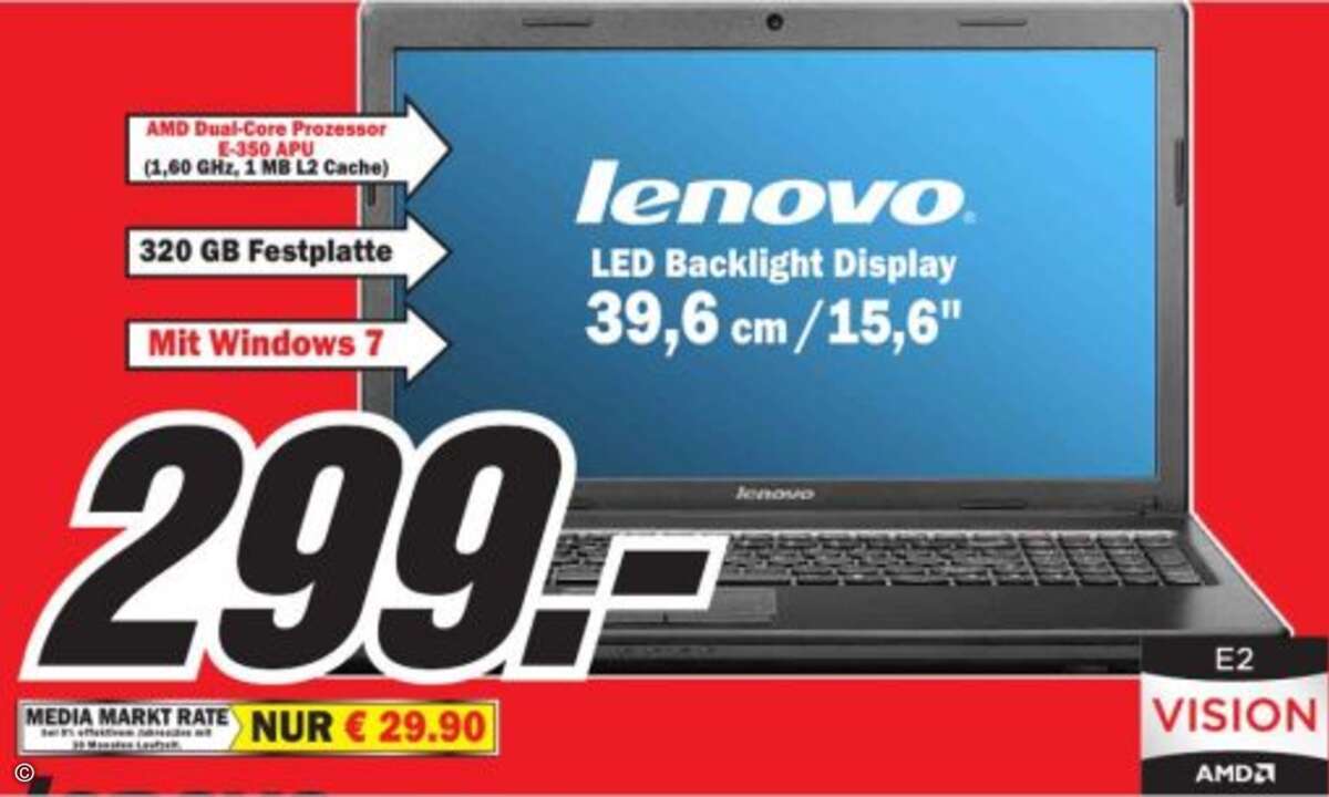 Lenovo G575 M524EGE: schwache CPU, lange Laufzeit
Das Lenovo G575 M524EGE ist ein schwach motorisiertes Notebook zum kleinen Preis, dass Office-Jobs gut erledigt. Die AMD E-350 APU mit 2x 1.60GHz wird von 2048 MByte Arbeitsspeicher und einer 320 G