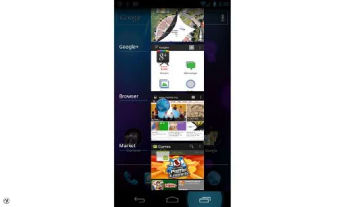 Der Taskmanager zeigt laufende Apps als Miniaturbildschirme an.
© Google
