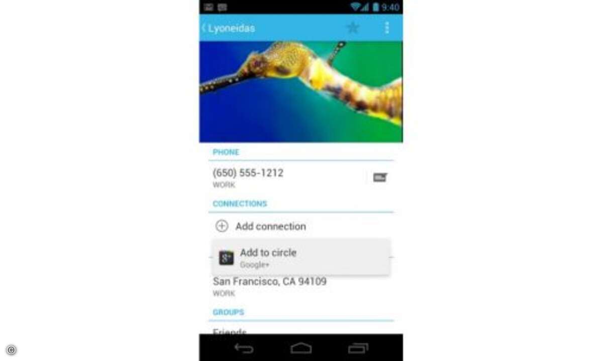 Adressbuch mit Schnittstellen zu sozialen Netzwerken.
© Google