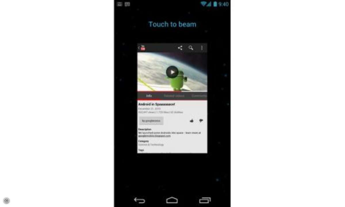 Die Nahbereichsfunk-Unterstützung in Android 4.0 heißt Beam.
© Google