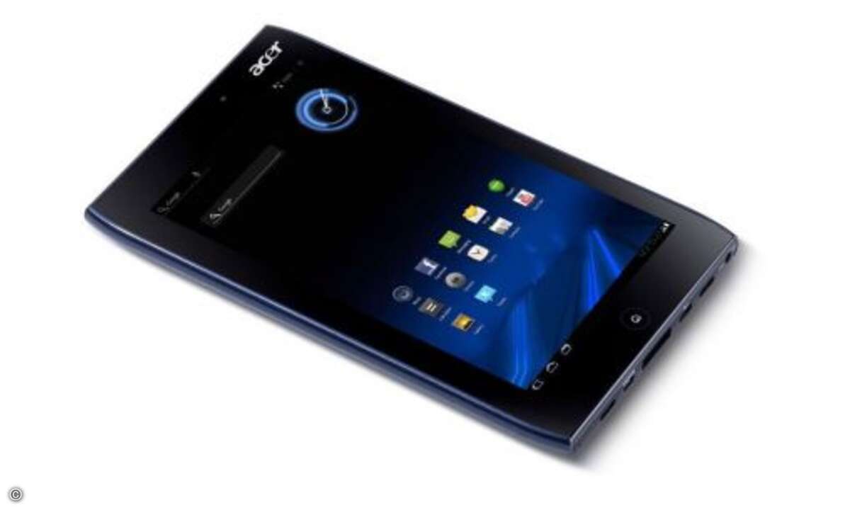 Acer Iconia A100
Das Android-Tablet A100 ist mit einem 7-Zoll-Touchscreen (1024 x 600 Pixel) ausgestattet und sowohl als Wi-Fi- als auch als 3G-Variante (399 Euro) erhältlich. Der Käufer hat zudem die Wahl zwischen den Gehäusefarben Rot und Blau.