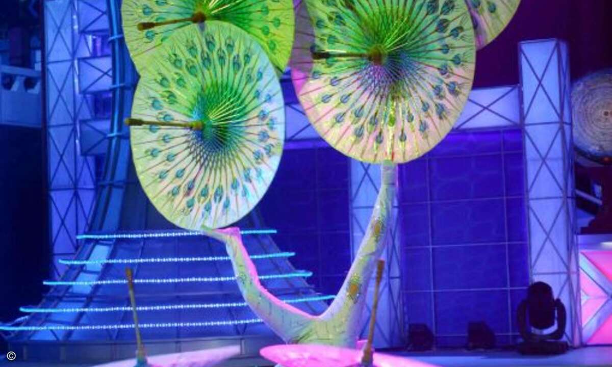 Meiste gleichzeitig geöffnete balancierte Regenschirme:
Am 21. Juni 2009 balancierte Liu Lina (CHN) in Beijing (CHN) acht geöffnete Regenschirme gleichzeitig. Foto: Guinness World Records