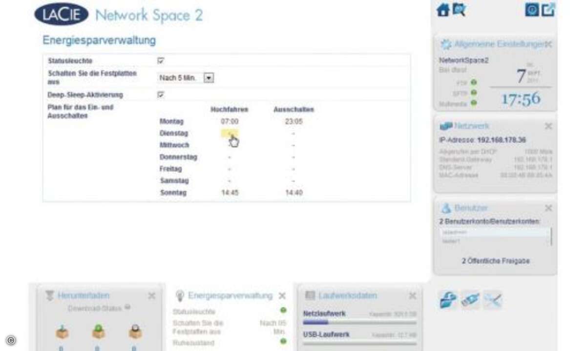 LaCie Network Space 2 1TB

Die Energiesparfunktionen des Network Space 2 erlaubt das automatische Aus- und Wiedereinschalten des NAS im Rahmen eines Zeitplans.
© Hersteller/Archiv