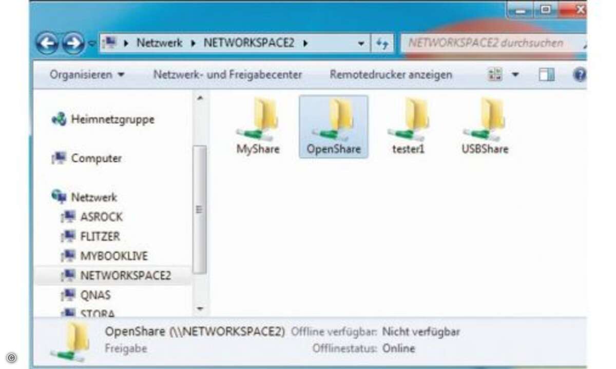D-Link ShareCenter Pulse

In der linken Spalte unter „Netzwerk“ listet der Windows Explorer alle im Netzwerk verfügbaren Geräte mit Freigaben auf.
© Hersteller/Archiv