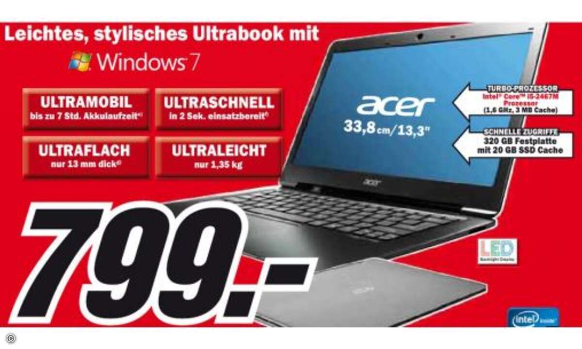 Acer Aspire S3-951

Zum exakt gleichen Preis wie im Netz hat Media Markt das 13,3 Zoll Ultrabook Acer Aspire S3-951 im Angebot. Für 799 Euro bietet es einen Core i5 2467M Prozessor mit 2 x 1,60 GHz Taktung, 4 GByte Ram und eine integrierte Intel HD
