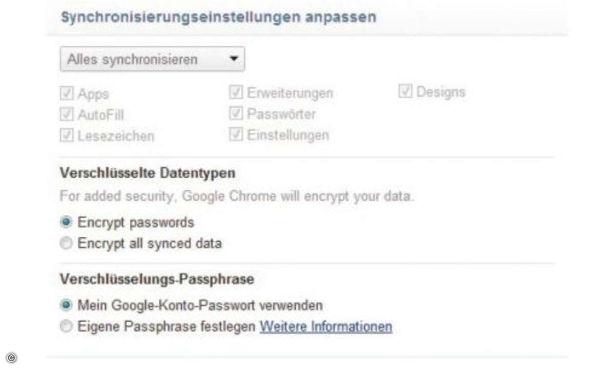 Individuelle Synchronisation: In den Einstellungen legen Sie fest, welche Browser-Daten abgeglichen werden.  Tipp 5: Chrome auf mehreren PCs synchronisieren  Über einen Google-Account können Lesezeichen, Passwörter, Formulardaten und sogar Browser-Er
