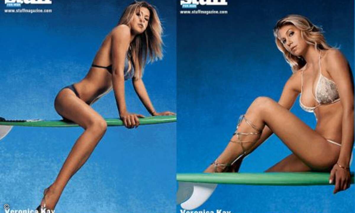 Da war derHai wohl schneller als der Fotograf und hat noch schnell ein wenig an Veronica Kays Beinen geknabbert.