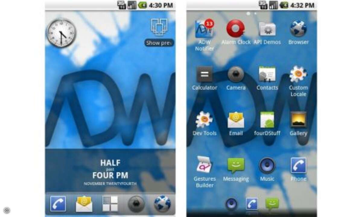 ADW Launcher
Der Klassiker unter den alternativen Andoid-Oberflächen. Der ADW Launcher orientiert sich an der Standard-Oberfläche von Android, bietet aber viel mehr Einstellungsmöglichkeiten, Symbole und Widgets.
© Anbieter