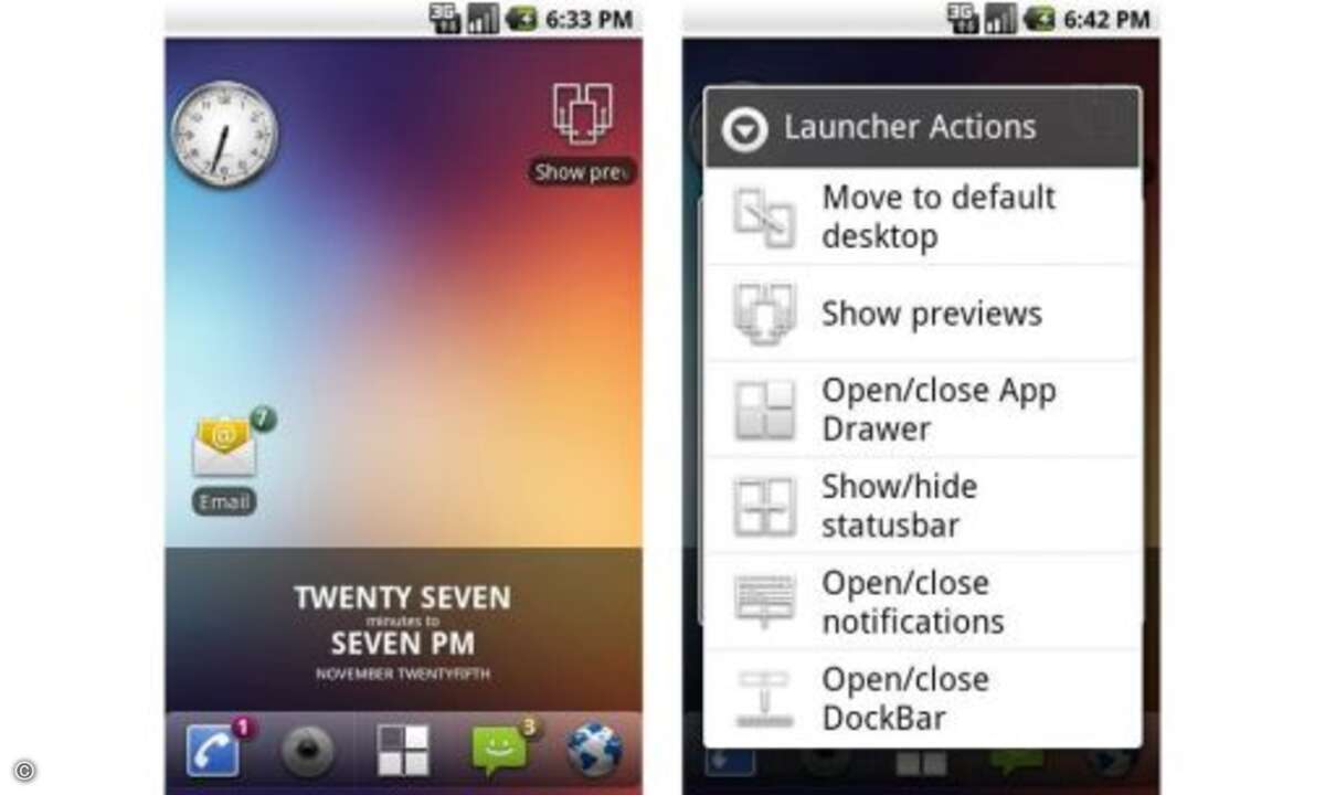 ADW Launcher
Man kann fast jede Kleinigkeit anpassen, etwa die Geschwindigkeit des Scrollens durch die Homescreens, die Animationen der Menüleiste oder die Hintergrund-Transparenz.
© Anbieter
