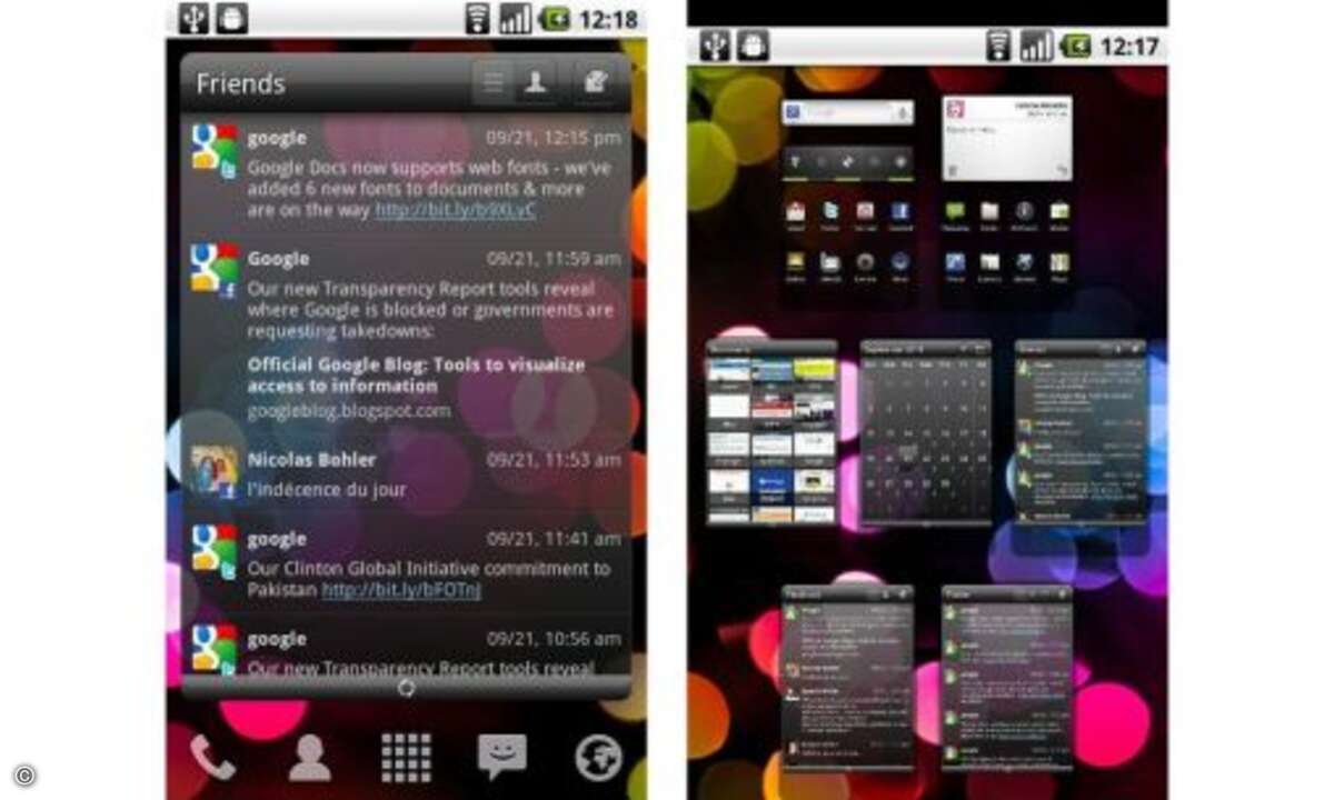 Launcher Pro
Die mit Abstand bekannteste Android-Oberfläche. Sie bietet bis zu sieben Startbildschirme und spart nicht mit Hingucker-Effekten. So wird bei einem längeren Druck auf die Home-Taste eine Helikopter-Ansicht aller Homescreens eingeblend