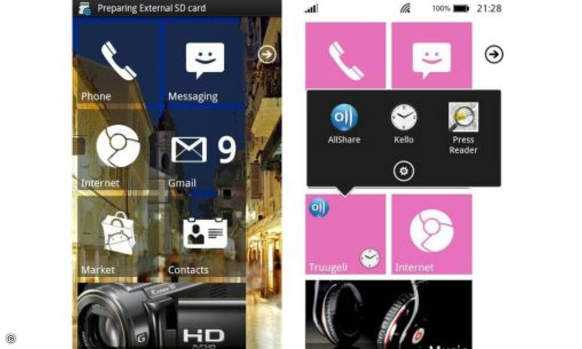 Launcher 7
Man hat sogar mehr Anpassungsmöglichkeiten als auf einem echten Windows Phone. Eigene Bilder, Farben und Widgets kann man als Kachel auf den Homescreen platzieren. Die Transparenz der Kacheln lässt sich ebenfalls einstellen.
© Anbieter