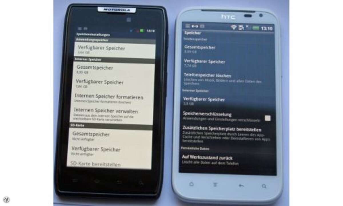 Speicher
Das RAZR bietet einen internen Speicher von nur 8 Gigabyte. Beim Sensation XL sind es 16 Gigabyte, wovon 12 Gigabyte frei nutzbar sind. Allerdings kann man die RAZR-Festplatte mit bis zu 32 Gigabyte großen microSD-Karten weiter ausbauen.