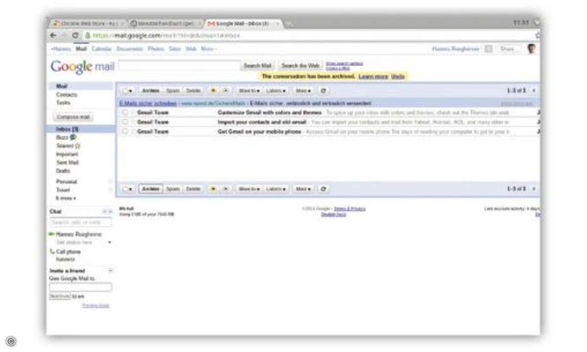 Webmail par excellence: E-Mails verschicken und empfangen ChromeOS-­Anwender webgestützt mit ihrem kostenlosen Google-Mail-Konto.
