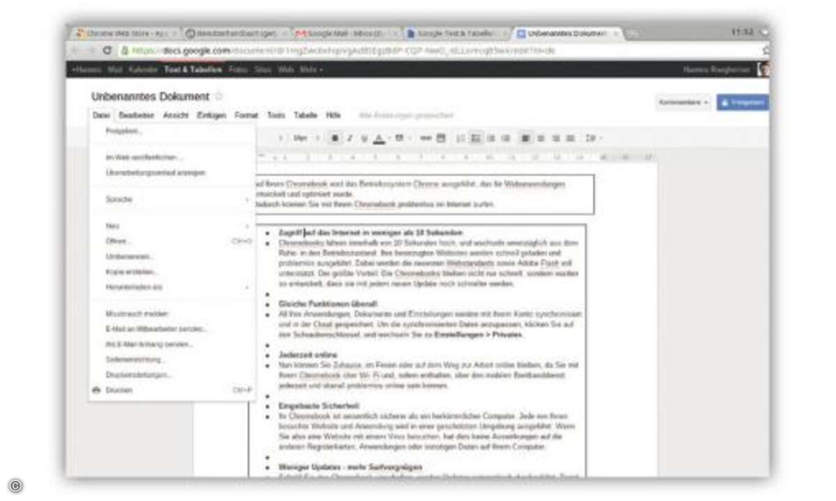 Bürosoftware in der Cloud: GoogleDocs bietet Textverarbeitung, Tabellenkalkula­tion, Präsentationssoftware, Geschäftsgrafiken und einen Formular-Editor online.