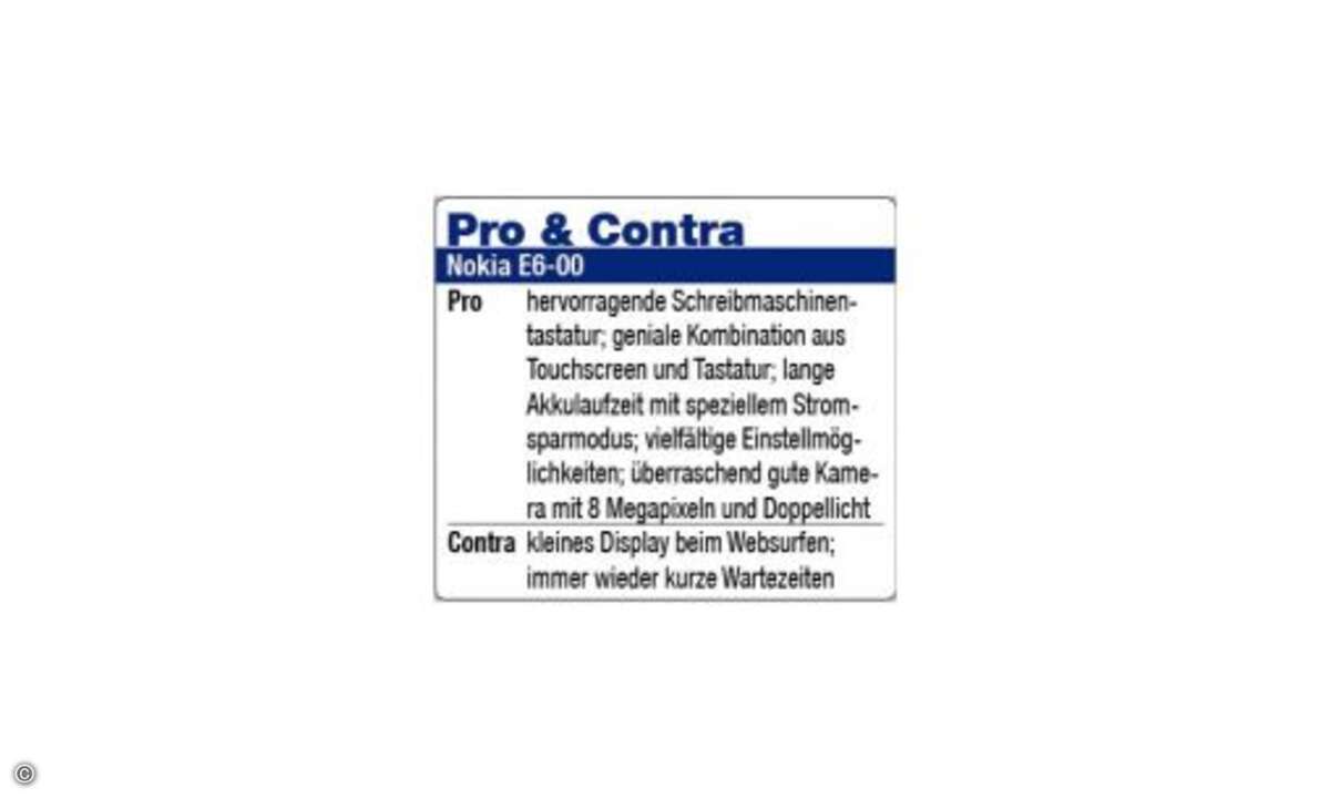 Nokia E6-00
Dennoch oder gerade deswegen scheiden sich an dem E6-00 die Geister. Die einen meckern wegen dem zu kleinen Touchscreen und den Eigenheiten von Symbian, die anderen wegen zu wenig oder den falschen Apps und Spielen im Ovi Store. Der Sc
